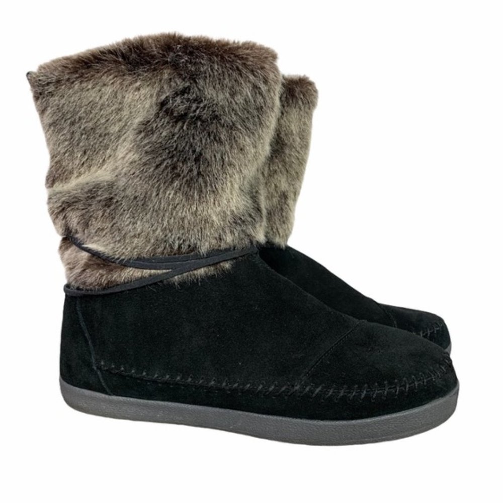 TOMS Nepal Black Suede Faux Fur Tie MidCalf Boots